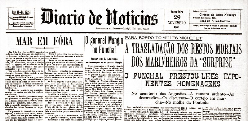 File:Notícia da chegada do general Charles Mangin e da transladação dos restos mortais dos marinheiros da Surprise, Diário de Notícias do Funchal, 29 de novembro de 1921 - Image 215059.jpg