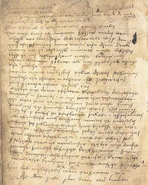 The oldest surviving manuscript in Lithuanian (c. 1503), rewritten from a 15th century original text.