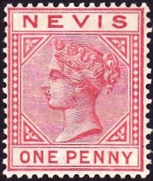 An 1884 one penny stamp of Nevis. One penny stamp of Nevis.jpg