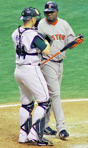 Ortiz (right) with then-Tampa Bay Devil Rays catcher Toby Hall in 2006