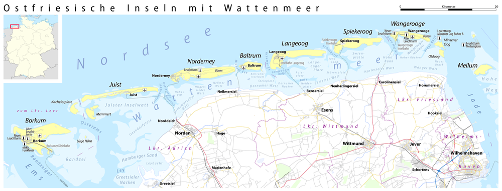 Map of the East Frisian Islands, showing the gats between the islands