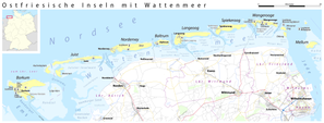 Lage von Spiekeroog innerhalb der Ostfriesischen Inseln