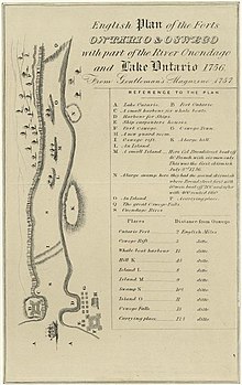 A 1757 map showing the defenses around the mouth of the Oswego River (image shows replica map from 1850) Oswego1756.jpeg