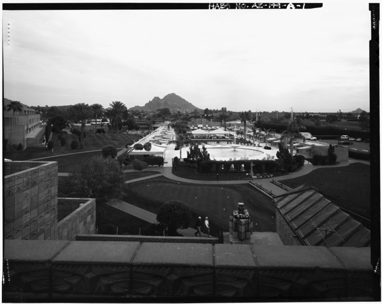 File:Overall view of Pool Complex from main building looking east - Arizona Biltmore, Bathhouse and Cabanas, Northeast Corner, Twenty-fourth Street and Missouri Avenue, Phoenix, HABS ARIZ,7-PHEN,15-A-1.tif