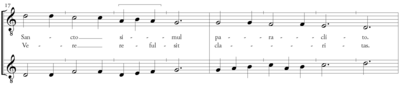 Line 3 of "Quy non fecit" from Parma bib. pal. 3597; the voices cross at the barline Parma 3597 Quy.png