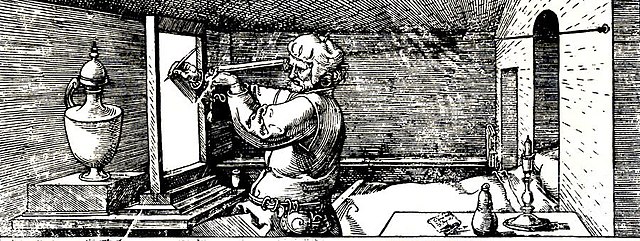 Dürer woodcut of Jacob de Keyser's invention. With de Keyser's device, the artist's viewpoint was fixed by an eye hook inserted in the wall. This was 