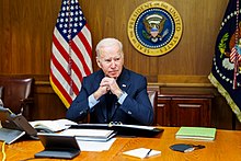 A majority of Americans disapprove of President Joe Biden's handling of the Russo-Ukrainian crisis. President Biden at Camp David February 12 2022.jpg