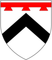 Arms of Prideaux: Argent, a chevron sable in chief a label of three points gules