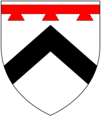 Arms of Prideaux: Argent, a chevron sable in chief a label of three points gules PrideauxArms2.PNG