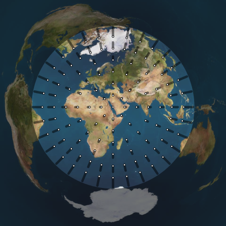 Azimuthal equidistant projection centred on Mecca, shaded to show where rasd al-qibla can be used  and directions of shadows at selected points