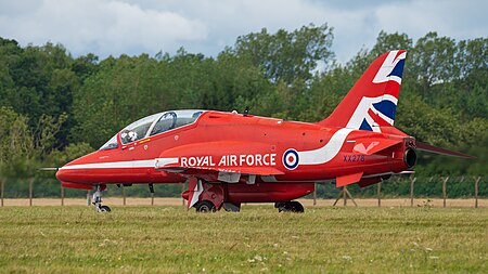 English: Red Arrows BAe Hawk T.1A (reg. XX278) taxiing at the Royal International Air Tattoo 2023.