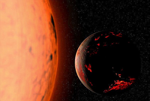 Conjectured illustration of the scorched Earth after the Sun has entered the red giant phase, about 5–7 billion years from now