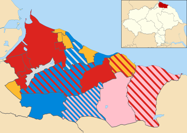 Map of the results of the 2003 Redcar and Cleveland council election. Labour in red, Liberal Democrats in yellow, Conservatives in blue, independents in grey and East Cleveland Independents in pink. Redcar and Cleveland UK local election 2003 map.svg