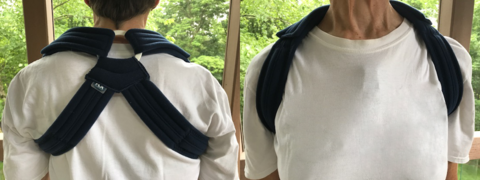 A cloth brace to hold the scapulas in retraction to reduce shoulder symptoms, such as collarbone pain.