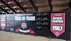 Troy's Baseball Hall of Fame & Championships wall, located in the main concourse beneath the stadium. Riddle Pace Field Plaza 3.jpg