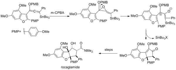 Nazarov cyclization initiated by oxidation Rocaglamidenazarov.png