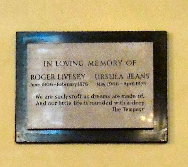 Memorial plaque in St Paul's in Covent Garden to Livesey and his wife Ursula Jeans