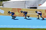 Deutsch: Badminton bei den Olympischen Jugendspielen 2018; Tag 2, 8. Oktober 2018; Viertelfinale Jungen Lauf 2 English: Roller speed skating at the 2018 Summer Youth Olympics; day 2, 8 October 2018 – Boys Quarterfinals run 2