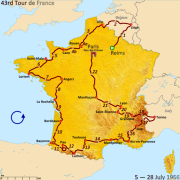 Die Route der Tour de France von 1956 folgte gegen den Uhrzeigersinn und begann in Reims und endete in Paris