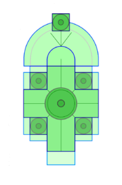 Plan of the church, with campanile at north end, and four smaller cupolas around central dome.