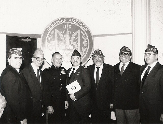 Nov. 11, 1989 at Ukrainian American Veterans Post 23, 10th Anniversary Banquet, Buffalo, N.Y. From left: Roman Rakowsky, Dmytro Bykovetz, General Samuel Jaskilka USMC, Jerry Fedoryczuk, Harold Bochonko, Stephen M. Wichar, Edward A. Zetick.