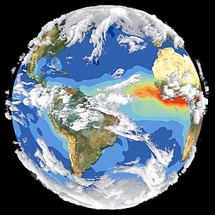 NASA imagery showing the interrelatedness of climate and fire. Active fires are represented by red dots. Satellite Image of Earth's Interrelated Systems and Climate - GPN-2002-000121.jpg