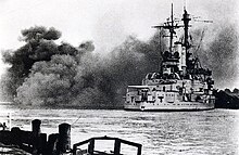 German battleship Schleswig-Holstein shells Westerplatte, 1 September 1939 Schleswig Holstein firing Westerplatte September 1939.jpg