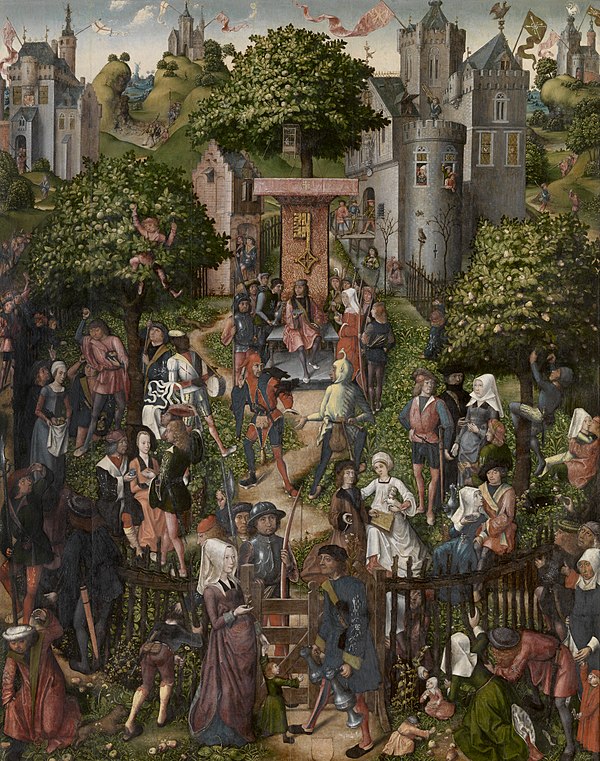 Festival of the Archers. Master of Frankfurt, 1493. Two jesters are depicted in the centre of the picture.