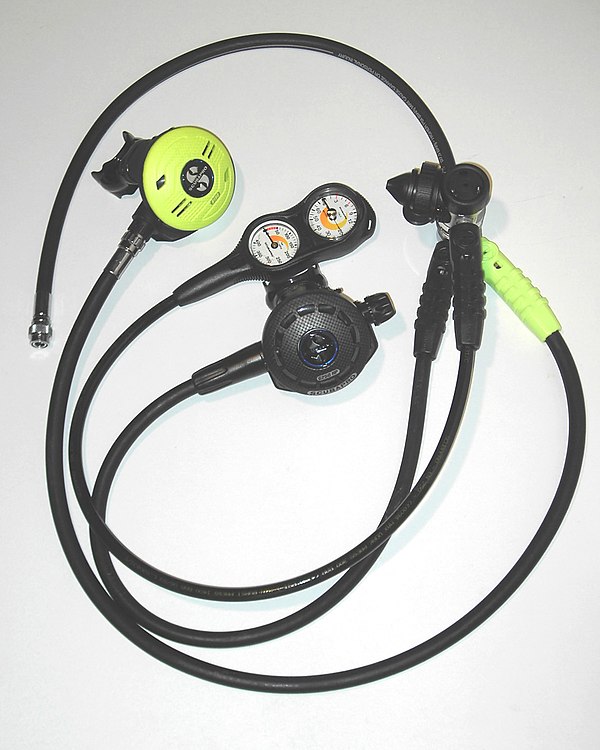 Diving regulator: The most familiar type is the single-hose open circuit scuba regulator, with first and second stages, low pressure inflator hose and