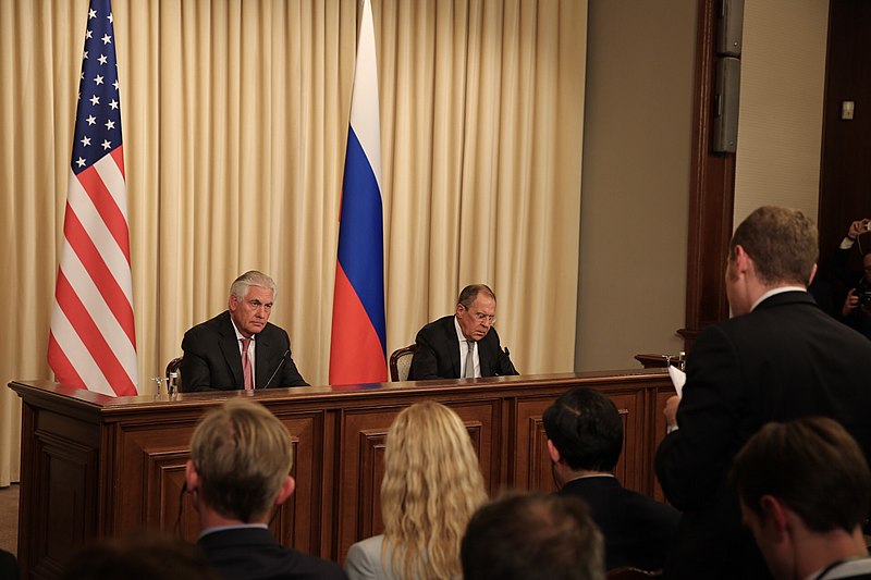 File:Secretary Tillerson Listens as AP's Josh Lederman Asks a Question at a Joint Press Conference With Russian Foreign Minister Lavrov (33156239434).jpg