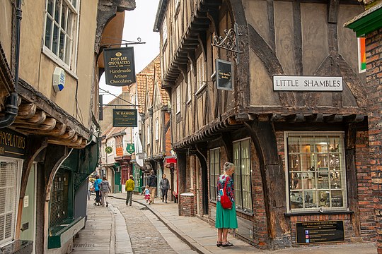 The Shambles is a medieval shopping street; most of the buildings date from between c. 1350 and 1475