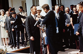 Shepard receiving the NASA Distinguished Service Medal from President John F. Kennedy in 1961