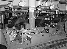 Sitdown strikers in the Flint strike of General Motors, 1937 Sitdown strikers in the Fisher body plant factory number three. Flint, Michigan.jpg