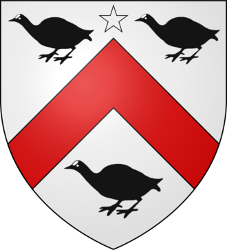 Arms of the Southcote family of Shillingford. Argent, a chevron gules, between three coots sable, a mullet for difference. Southcott of Shillingford Arms.png