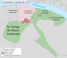 The parishes of the ancient borough of Southwark, 1870 Southwark Civil Parish Map 1870.png