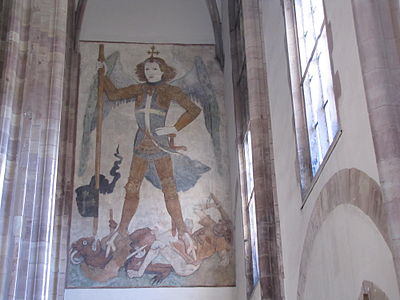 Fresque gothique tardive : Saint Michel terrassant le dragon.