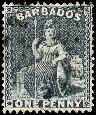 Серо-голубая марка колониального типа номиналом в 1 пенни (1875)
