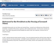 Statement by United States President Barack Obama on Nimoy's death.