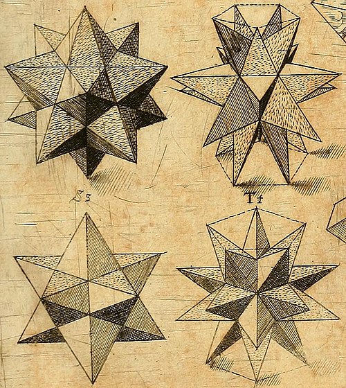 Stellated dodecahedra, Harmonices Mundi by Johannes Kepler (1619)