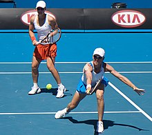 Stosur (left) with doubles partner Rennae Stubbs at the 2009 Australian Open Stosur Stubbs Australian Open 2009.jpg