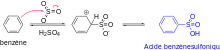 Schéma des étapes de la sulfonation du benzène, aboutissant à l'acide benzènesulfonique
