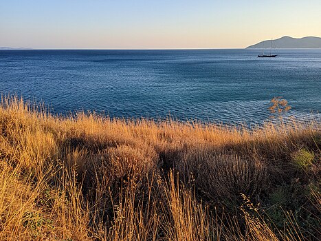 Panoramic view of Aegean Sea during sunset in Pythagoreio, Samos.