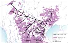 Map showing linguistic family tree overlaid on a geographic distribution map of Tai-Kadai family. This map only shows general pattern of the migration of Tai-speaking tribes, not specific routes, which would have snaked along the rivers and over the lower passes. Tai Migration.svg