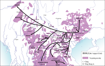 Map showing linguistic family tree overlaid on a geographic distribution map of the Tai family. This map only shows general pattern of the migration of Tai-speaking tribes, not specific routes, which would have snaked along the rivers and over the lower passes.