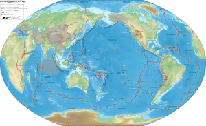 Detailed map showing the tectonic plates with their movement vectors. Tectonic plates boundaries physical World map Wt 180degE centered-en.svg