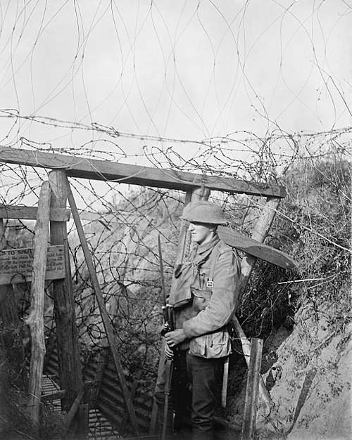 A barbed wire gate in a trench system to form a block against raiders at Cambrin in trenches held by the 1/7th Battalion, Sherwood Foresters (Nottingh