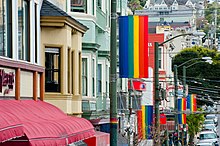 The gay pride flag was originally developed in San Francisco. The Castro (6163133524).jpg