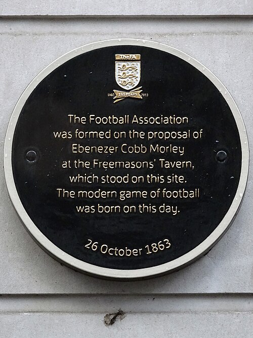 Plaque commemorating the formation of the Football Association in 1863 at the Freemasons' Tavern, London