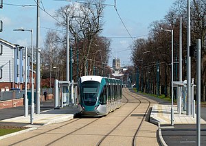 Tram on test at Meadows Embankment stop (geograph 4404438).jpg