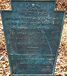 1915 historical marker near Trimble's Ford, where more than twelve thousand British troops crossed the Brandywine on September 11, 1777, during the Battle of Brandywine Trimbles Ford.JPG